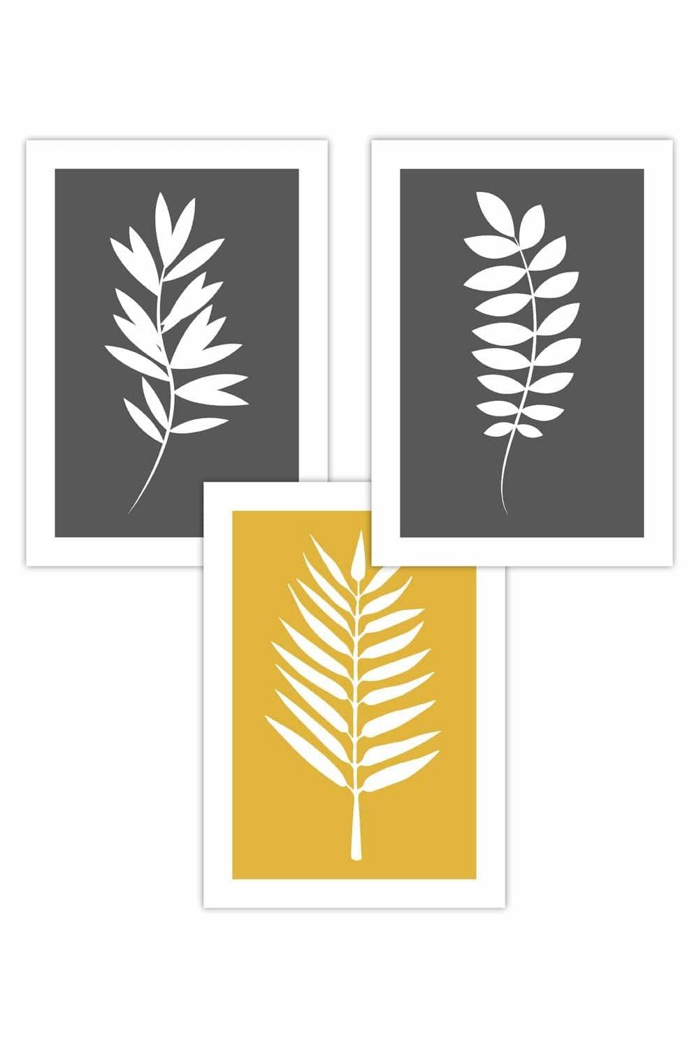 Set of 3 Grey Yellow Graphical Leaves Art Posters